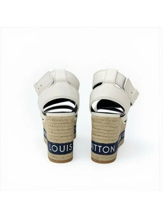 Louis Vuitton Boundary Line Sandals Shoes Leather White Navy Logo Wedge Sole - Picture 6 of 10
